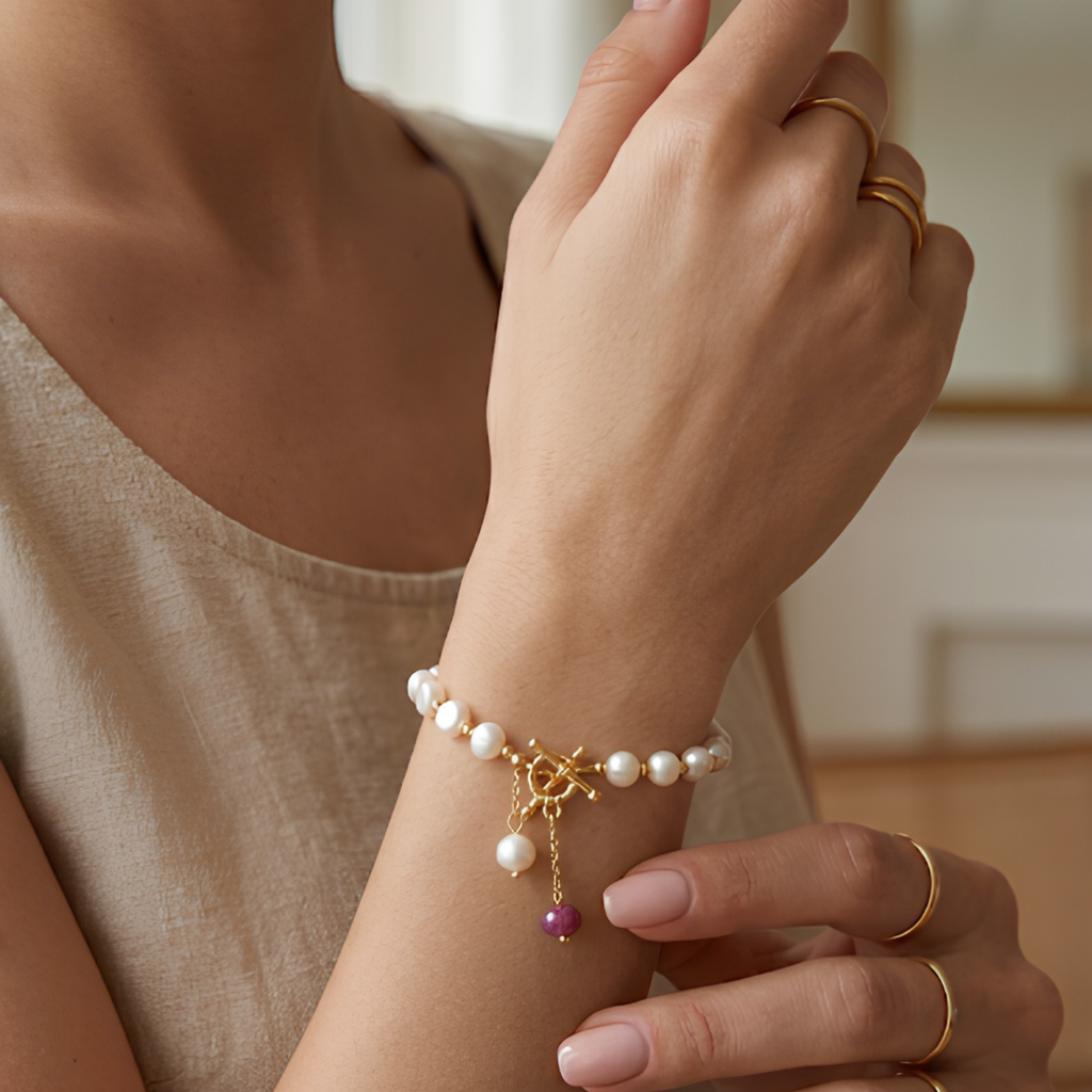 Freshwater Pearl &amp; Pink Gem Bracelet