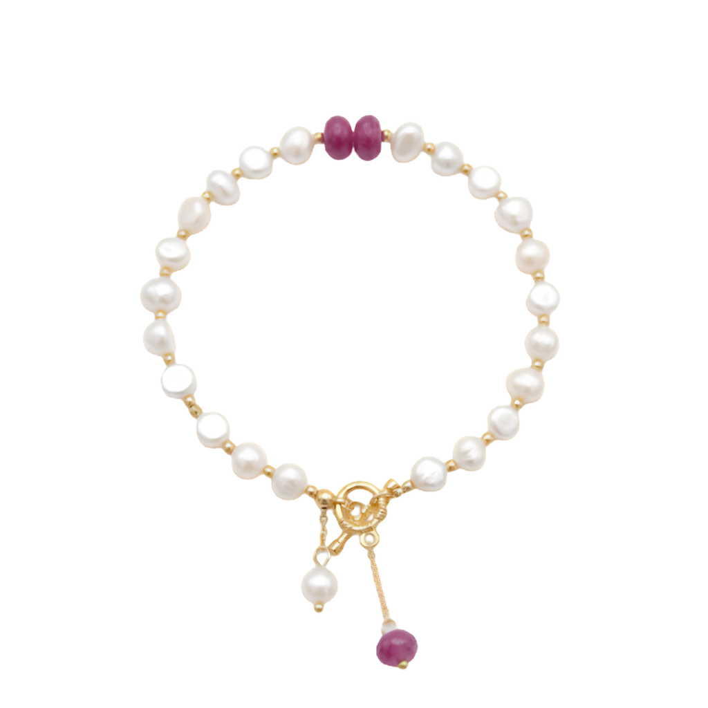 Freshwater Pearl &amp; Pink Gem Bracelet