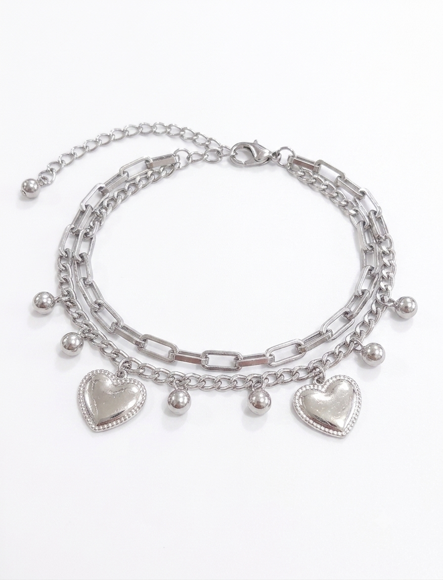 Silver Double Heart Charm Bracelet