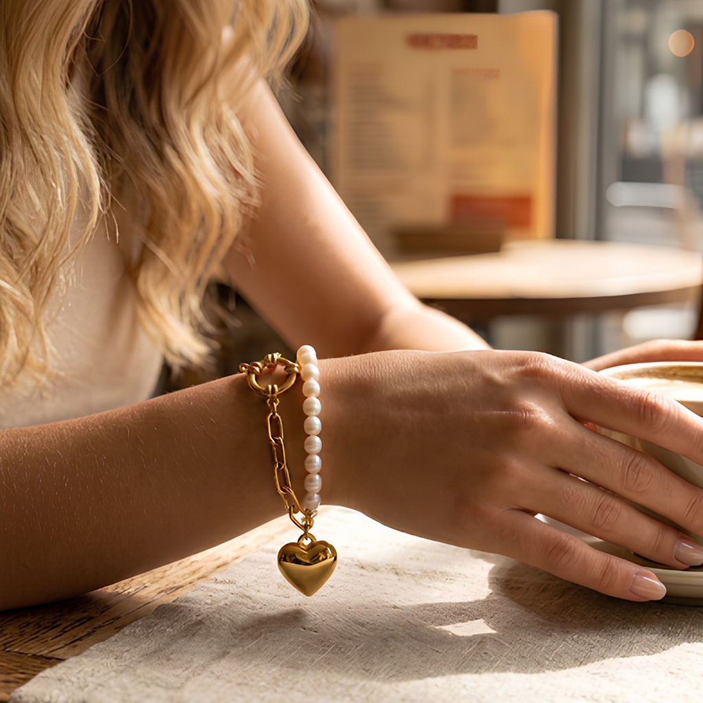 Golden Heart Pearl Bracelet